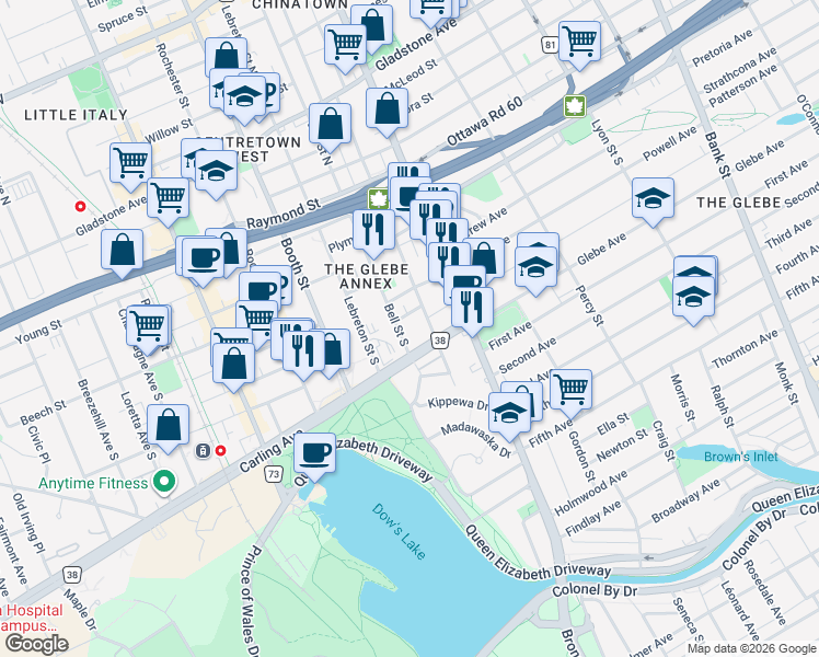 map of restaurants, bars, coffee shops, grocery stores, and more near 395 Bell Street South in Ottawa