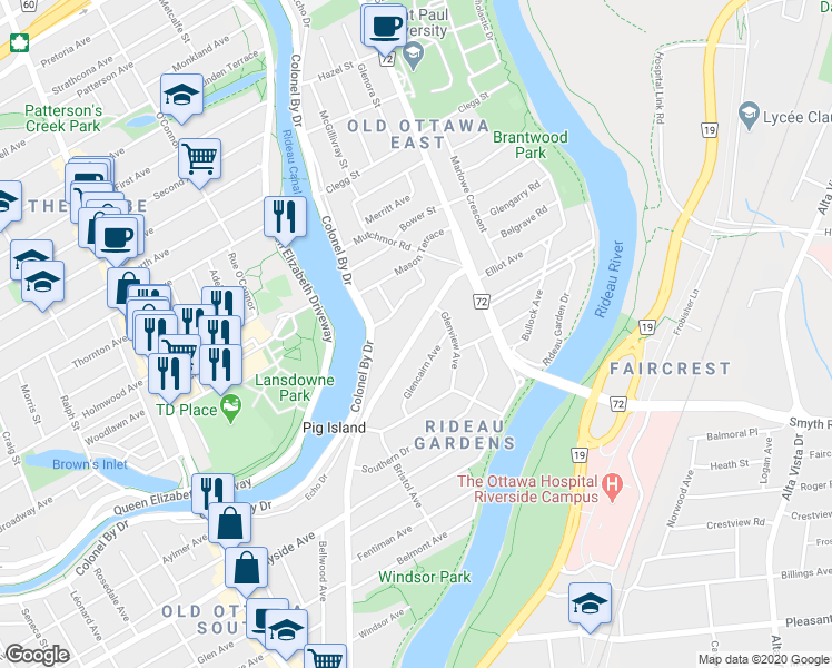 map of restaurants, bars, coffee shops, grocery stores, and more near 85 Riverdale Avenue in Ottawa