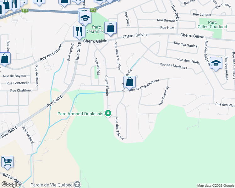 map of restaurants, bars, coffee shops, grocery stores, and more near 1732 Rue de Châteaumont in Sherbrooke