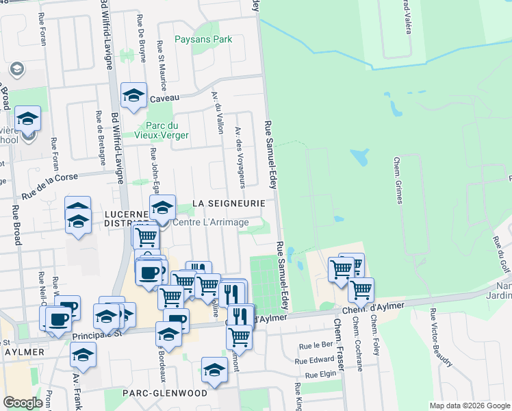 map of restaurants, bars, coffee shops, grocery stores, and more near 248 Rue des Fondateurs in Gatineau