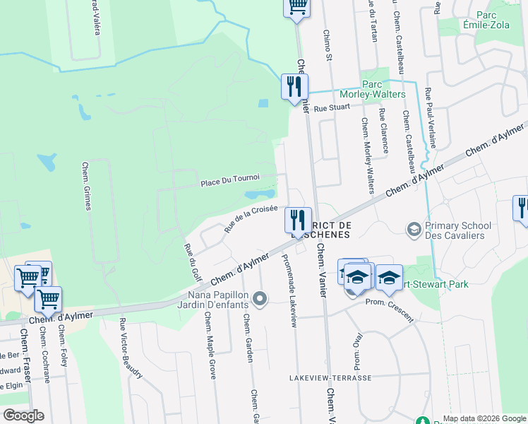 map of restaurants, bars, coffee shops, grocery stores, and more near 61 Rue de la Croisée in Gatineau