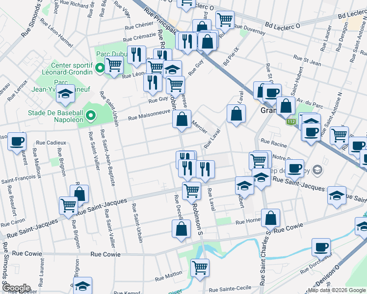 map of restaurants, bars, coffee shops, grocery stores, and more near 217 Rue Robinson Sud in Granby