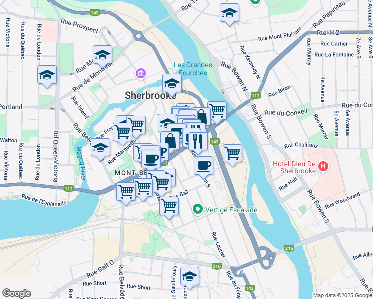 map of restaurants, bars, coffee shops, grocery stores, and more near 120 Rue King Ouest in Sherbrooke