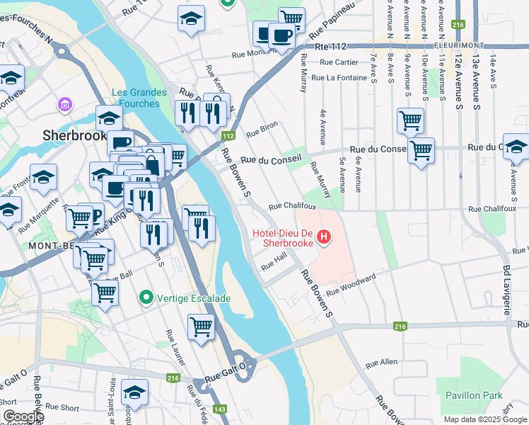 map of restaurants, bars, coffee shops, grocery stores, and more near in Sherbrooke