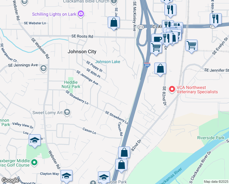 map of restaurants, bars, coffee shops, grocery stores, and more near 8563 Southeast Jennings Avenue in Milwaukie