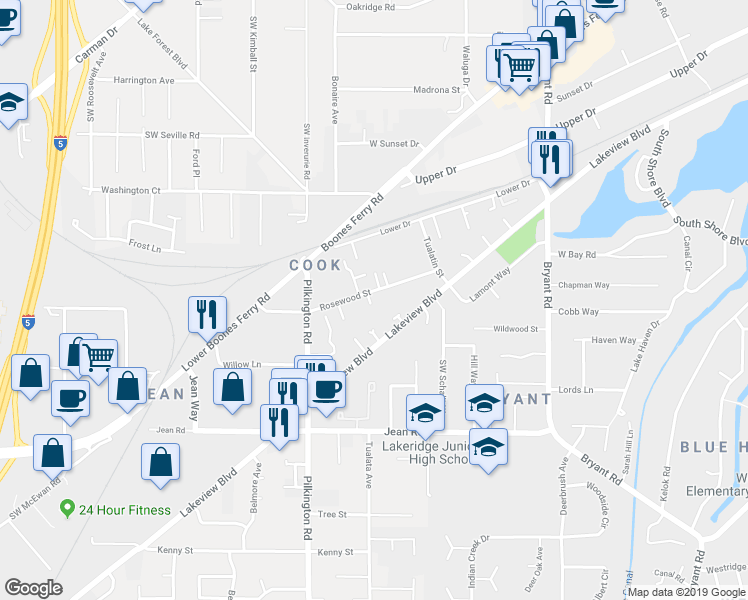 map of restaurants, bars, coffee shops, grocery stores, and more near 17347 Ashley Court in Lake Oswego