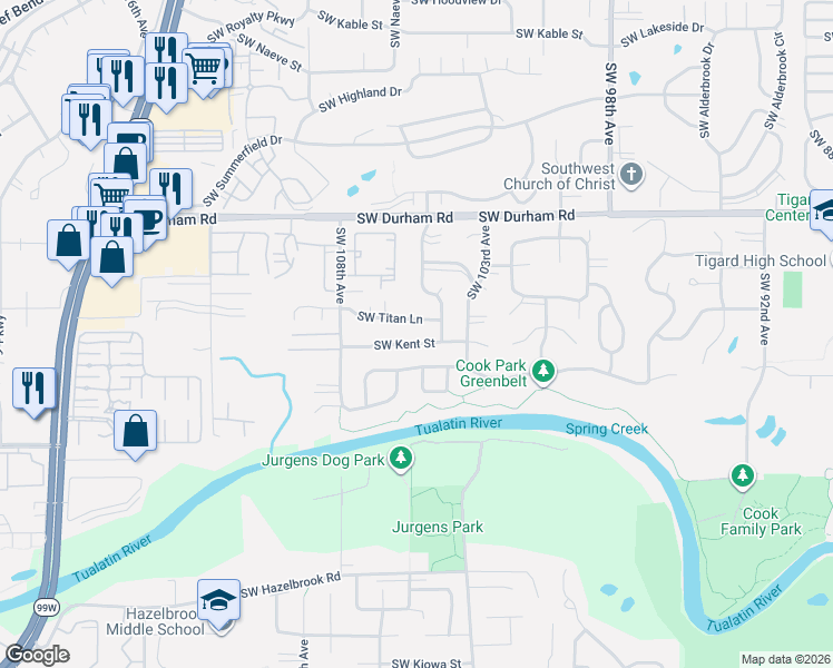 map of restaurants, bars, coffee shops, grocery stores, and more near 10526 Southwest Kent Street in Tigard
