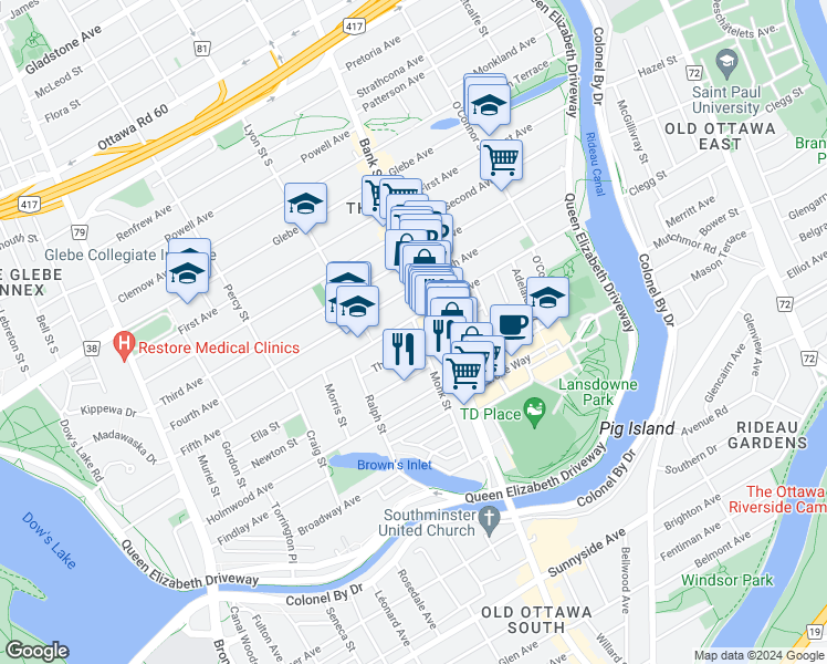 map of restaurants, bars, coffee shops, grocery stores, and more near in Ottawa