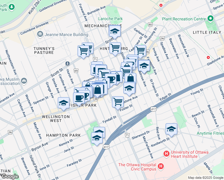 map of restaurants, bars, coffee shops, grocery stores, and more near in Ottawa