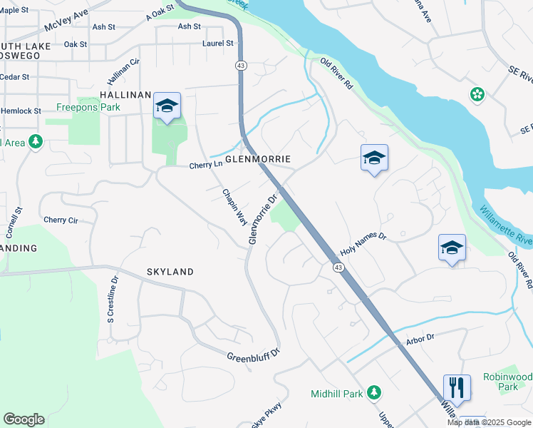 map of restaurants, bars, coffee shops, grocery stores, and more near 2120 Glenmorrie Drive in Lake Oswego
