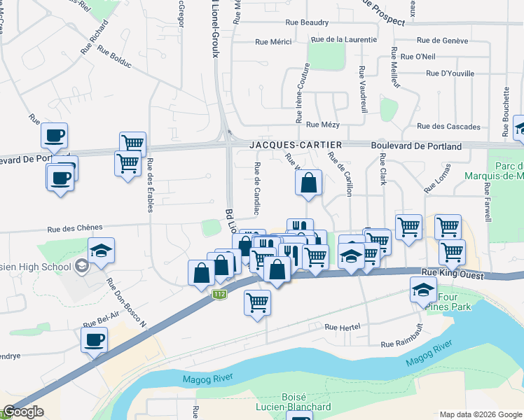 map of restaurants, bars, coffee shops, grocery stores, and more near 140 Rue de Candiac in Sherbrooke