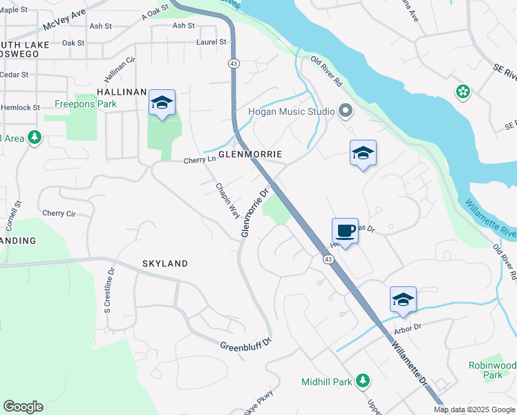 map of restaurants, bars, coffee shops, grocery stores, and more near 2120 Glenmorrie Drive in Lake Oswego
