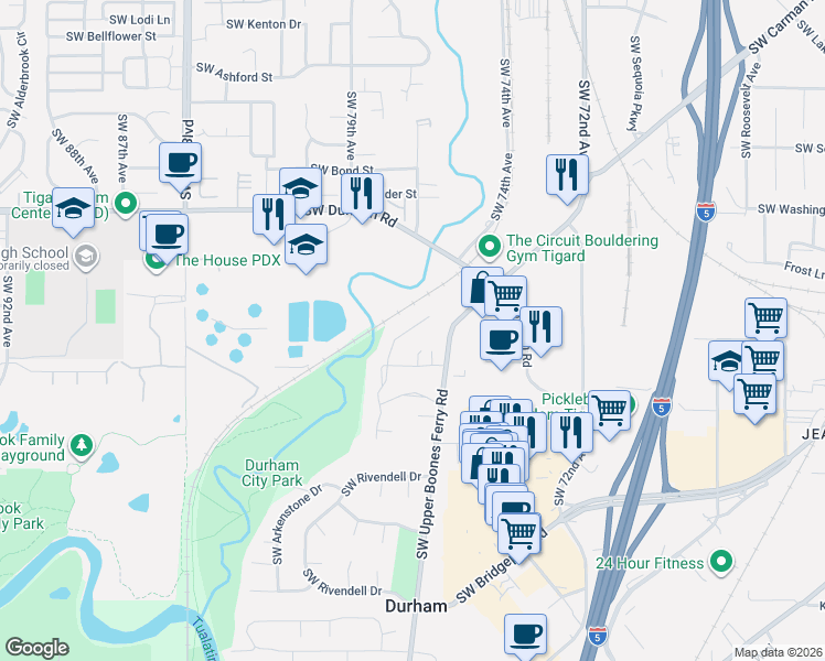 map of restaurants, bars, coffee shops, grocery stores, and more near 16438 Southwest Cambridge Lane in Portland