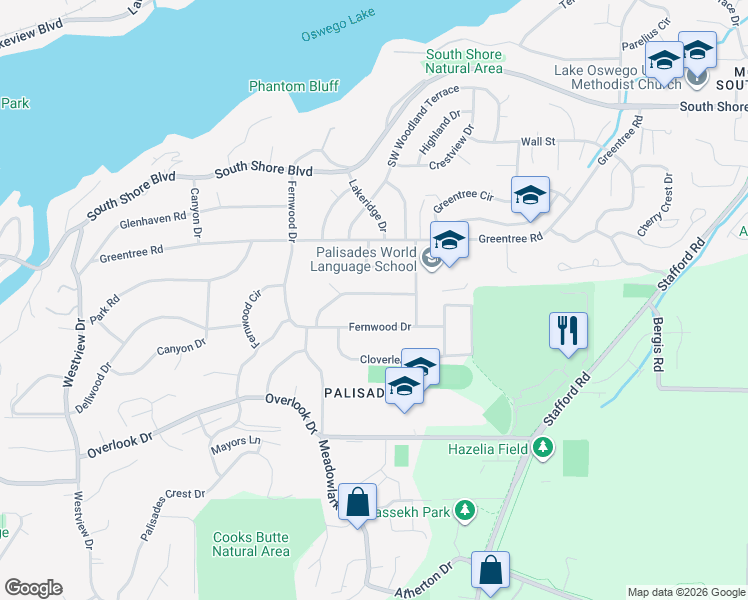 map of restaurants, bars, coffee shops, grocery stores, and more near 1770 Mapleleaf Road in Lake Oswego