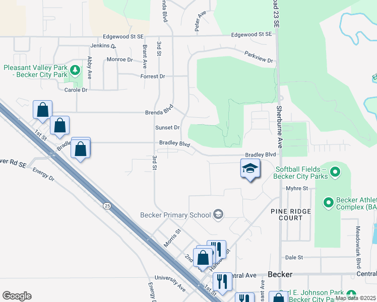 map of restaurants, bars, coffee shops, grocery stores, and more near 13625 Bradley Boulevard in Becker