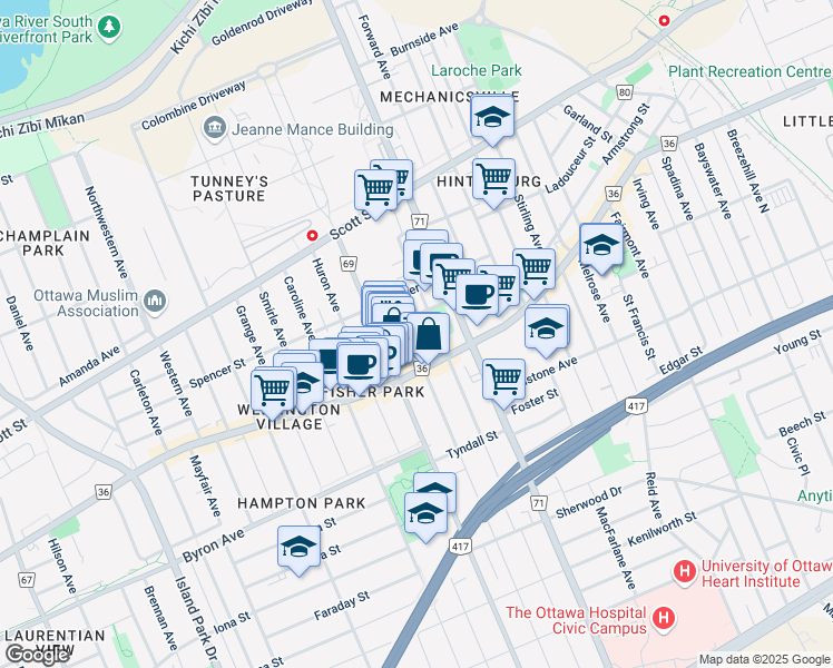 map of restaurants, bars, coffee shops, grocery stores, and more near 85 Hinton Avenue North in Ottawa