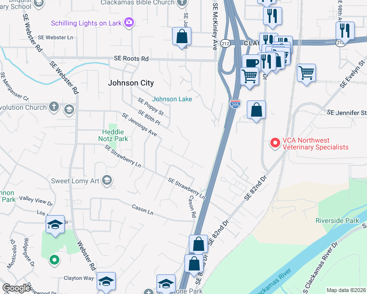 map of restaurants, bars, coffee shops, grocery stores, and more near 8563 Southeast Jennings Avenue in Milwaukie