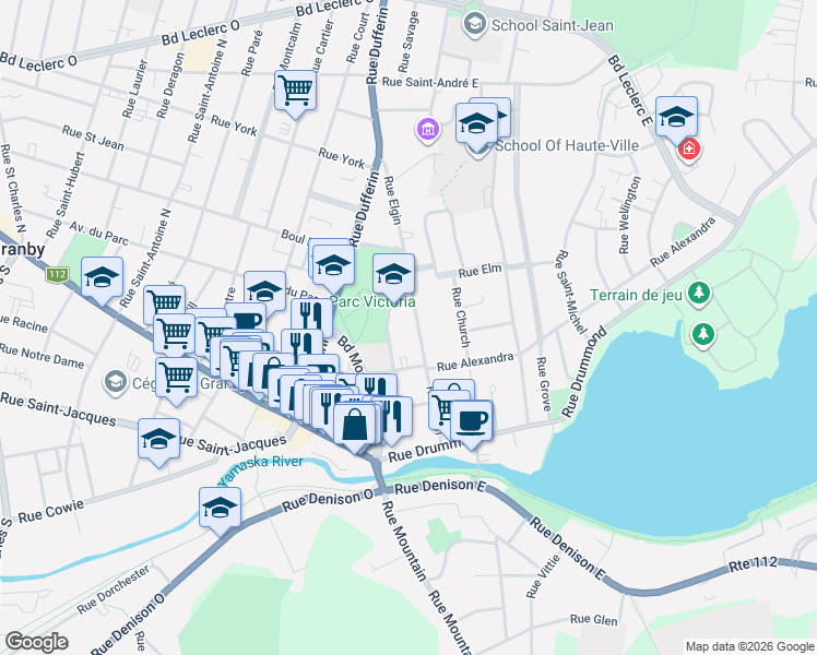map of restaurants, bars, coffee shops, grocery stores, and more near 66 Rue Elgin in Granby