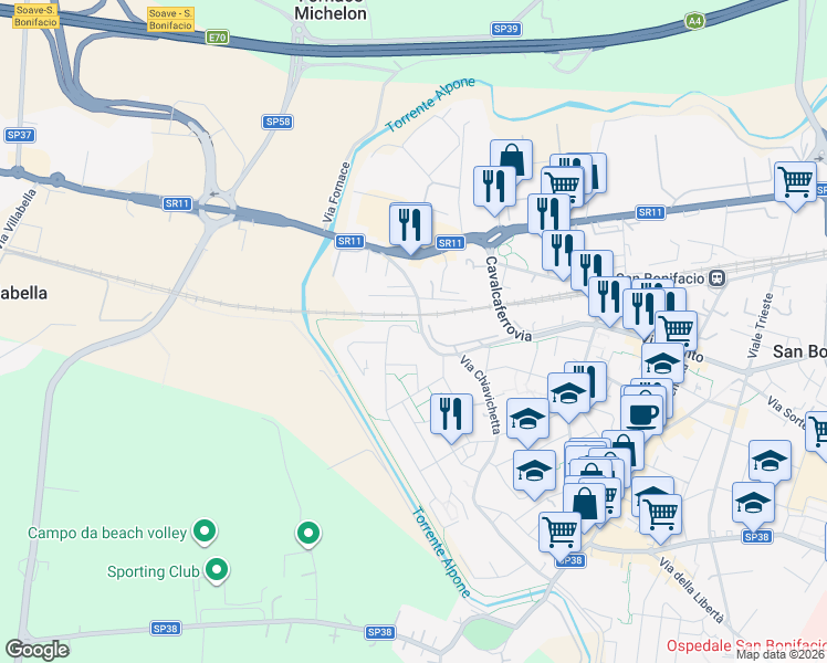 map of restaurants, bars, coffee shops, grocery stores, and more near 14 Via Martiri di Belfiore in San Bonifacio