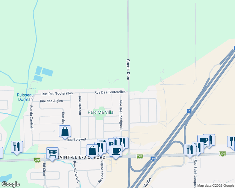 map of restaurants, bars, coffee shops, grocery stores, and more near 955 Rue des Tourterelles in Sherbrooke