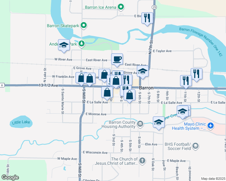 map of restaurants, bars, coffee shops, grocery stores, and more near 16 South 3rd Street in Barron
