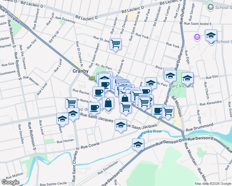 map of restaurants, bars, coffee shops, grocery stores, and more near 263 Rue Principale in Granby