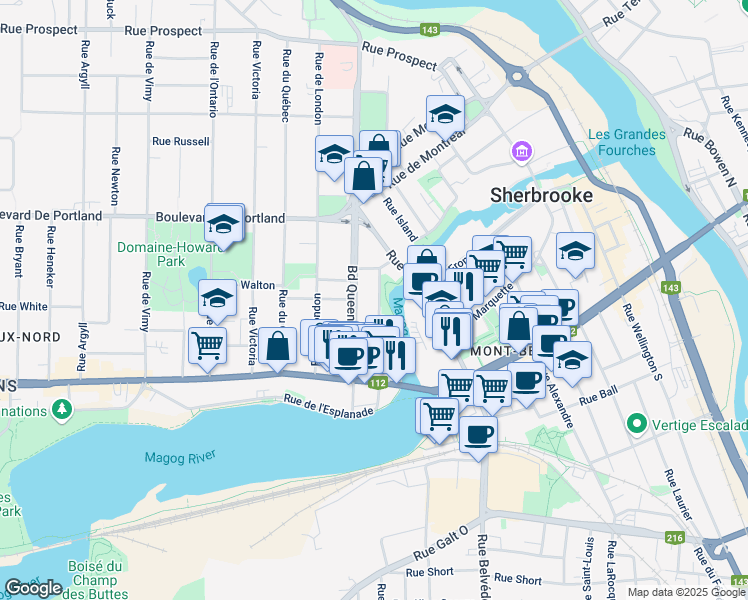 map of restaurants, bars, coffee shops, grocery stores, and more near 177 Rue de la Magog in Sherbrooke
