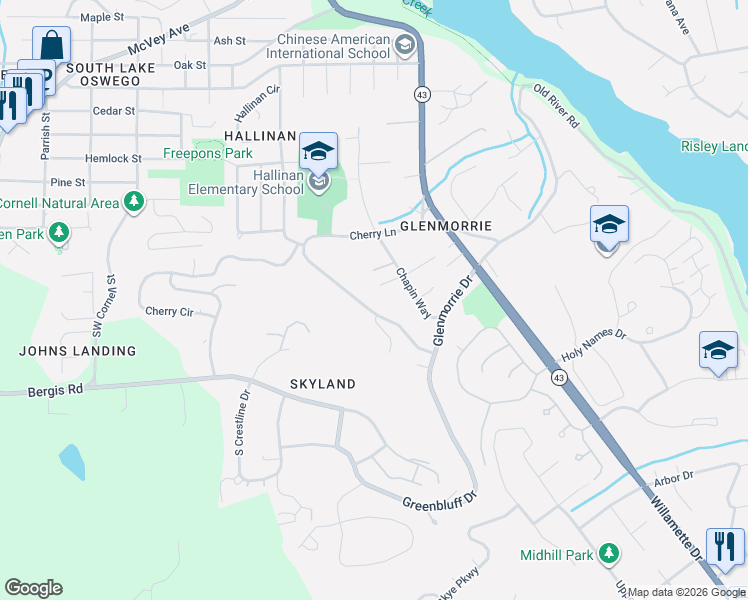 map of restaurants, bars, coffee shops, grocery stores, and more near 1492 Glenmorrie Drive in Lake Oswego