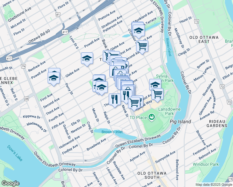 map of restaurants, bars, coffee shops, grocery stores, and more near in Ottawa