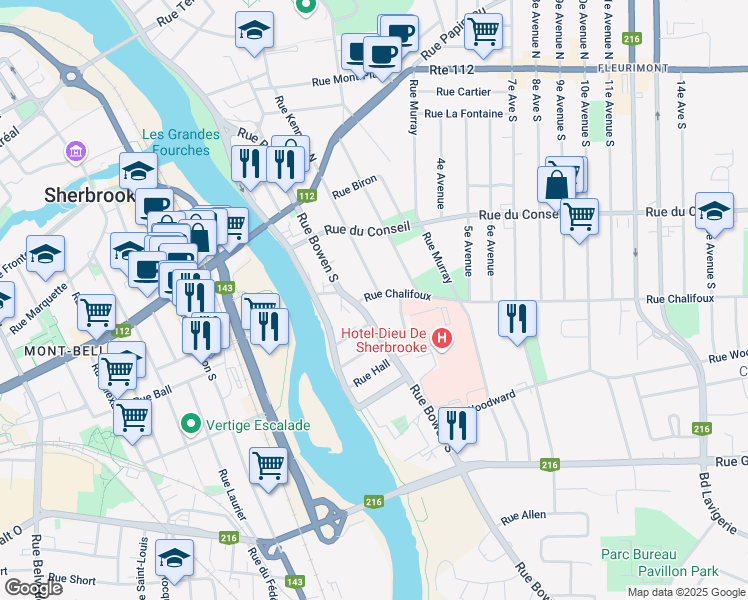 map of restaurants, bars, coffee shops, grocery stores, and more near 136 Rue Chalifoux in Sherbrooke
