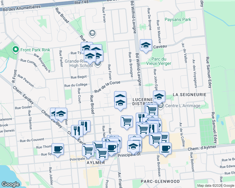 map of restaurants, bars, coffee shops, grocery stores, and more near 50 Impasse de la Pommeraie in Gatineau