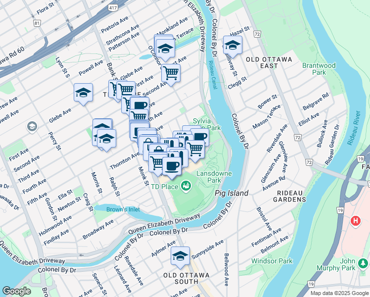 map of restaurants, bars, coffee shops, grocery stores, and more near 44 Holmwood Avenue in Ottawa