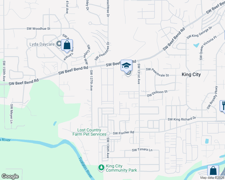 map of restaurants, bars, coffee shops, grocery stores, and more near 13620 Southwest Beef Bend Road in Tigard