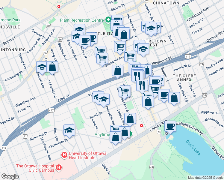 map of restaurants, bars, coffee shops, grocery stores, and more near 211 Loretta Avenue South in Ottawa