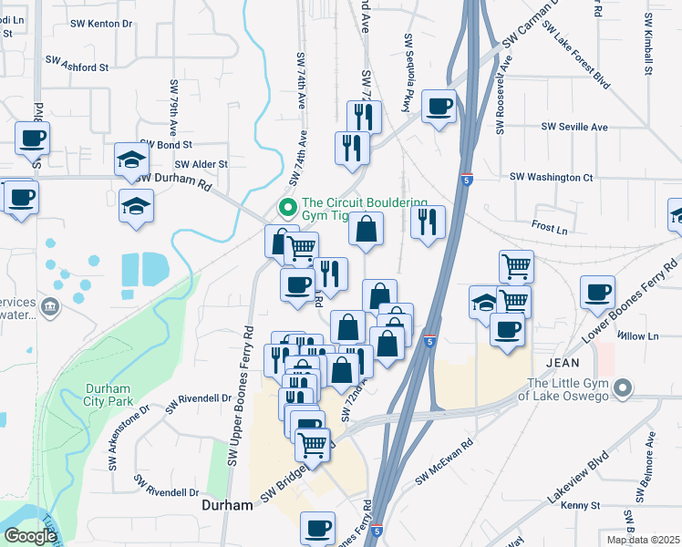 map of restaurants, bars, coffee shops, grocery stores, and more near 7245 Southwest Durham Road in Tigard