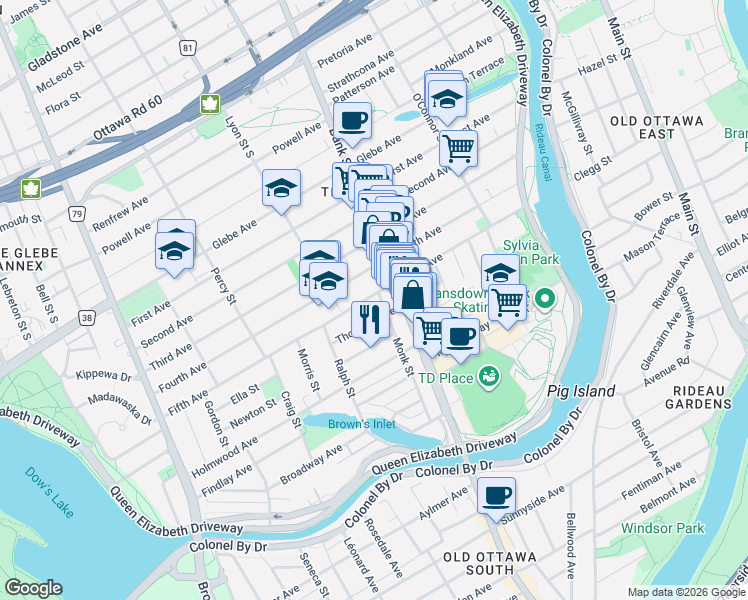 map of restaurants, bars, coffee shops, grocery stores, and more near 156 Fifth Avenue in Ottawa