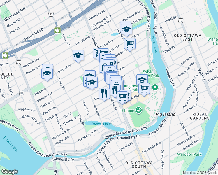 map of restaurants, bars, coffee shops, grocery stores, and more near 7 Monk Street in Ottawa