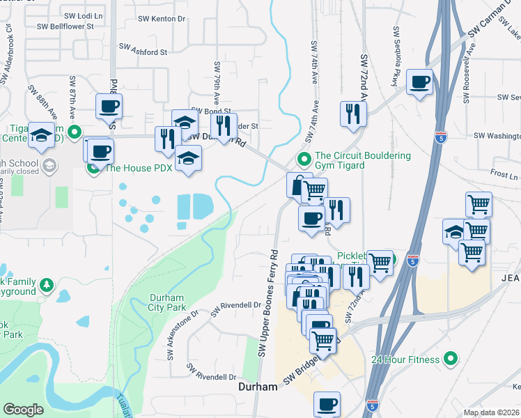 map of restaurants, bars, coffee shops, grocery stores, and more near 16414 Southwest Cambridge Lane in Portland