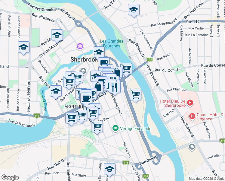 map of restaurants, bars, coffee shops, grocery stores, and more near 35 Rue Wellington Sud in Sherbrooke
