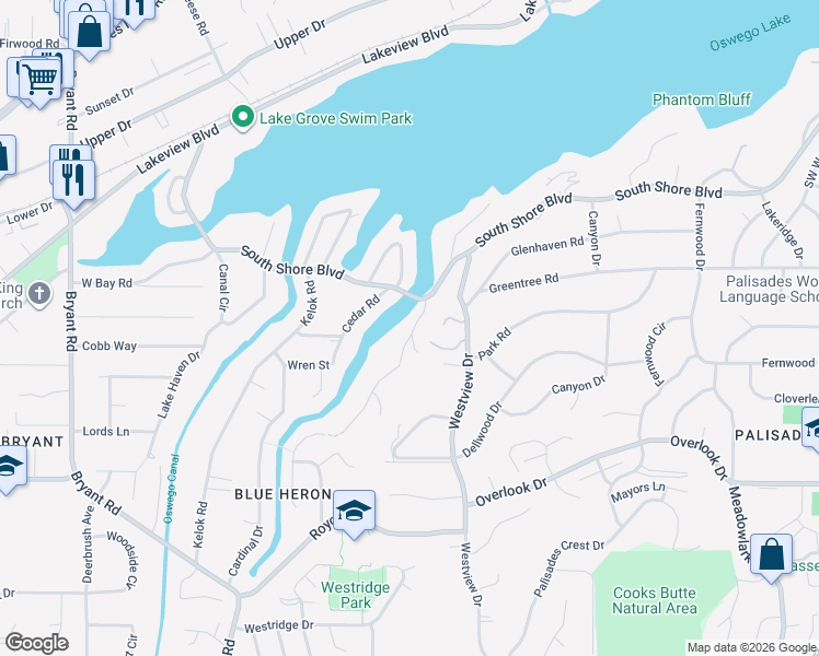 map of restaurants, bars, coffee shops, grocery stores, and more near 17187 Blue Heron Road in Lake Oswego