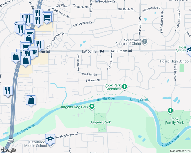 map of restaurants, bars, coffee shops, grocery stores, and more near 10526 Southwest Kent Street in Tigard