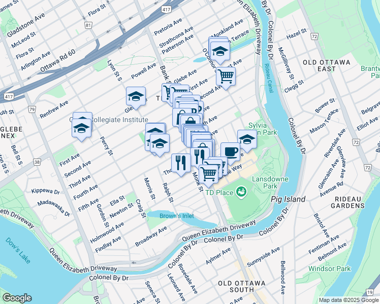 map of restaurants, bars, coffee shops, grocery stores, and more near in Ottawa