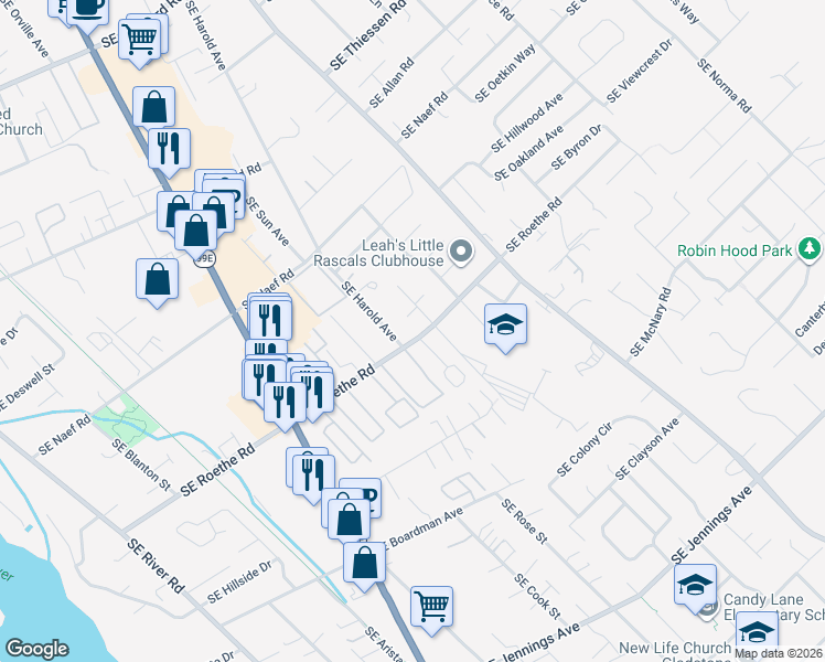 map of restaurants, bars, coffee shops, grocery stores, and more near 4670 Southeast Roethe Road in Milwaukie
