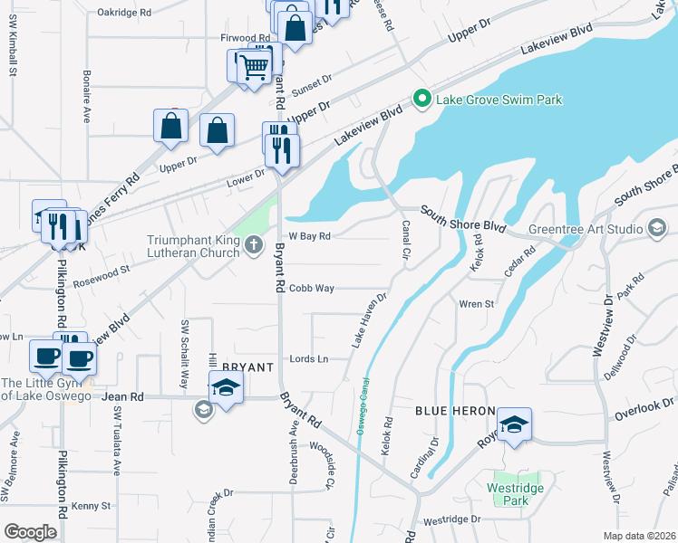 map of restaurants, bars, coffee shops, grocery stores, and more near 4282 Cobb Way in Lake Oswego