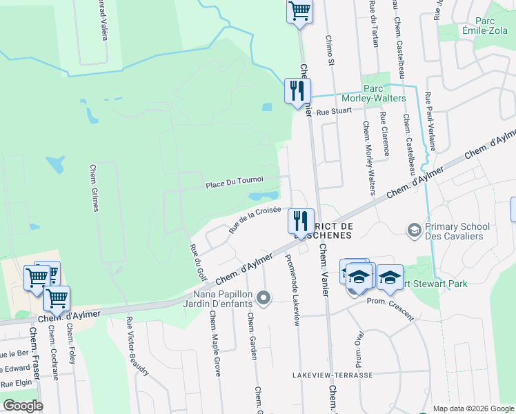 map of restaurants, bars, coffee shops, grocery stores, and more near 54 Rue de la Croisée in Gatineau