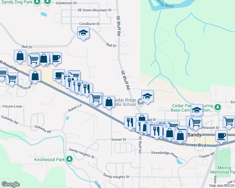 map of restaurants, bars, coffee shops, grocery stores, and more near 37867 College Street in Sandy