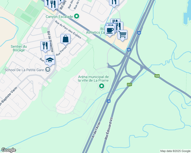 map of restaurants, bars, coffee shops, grocery stores, and more near in La Prairie
