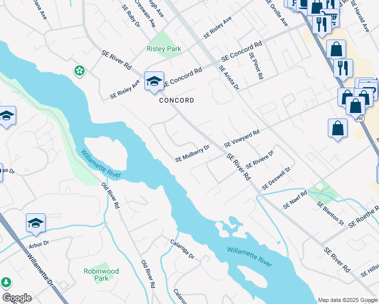 map of restaurants, bars, coffee shops, grocery stores, and more near 2579 Southeast Mulberry Drive in Milwaukie