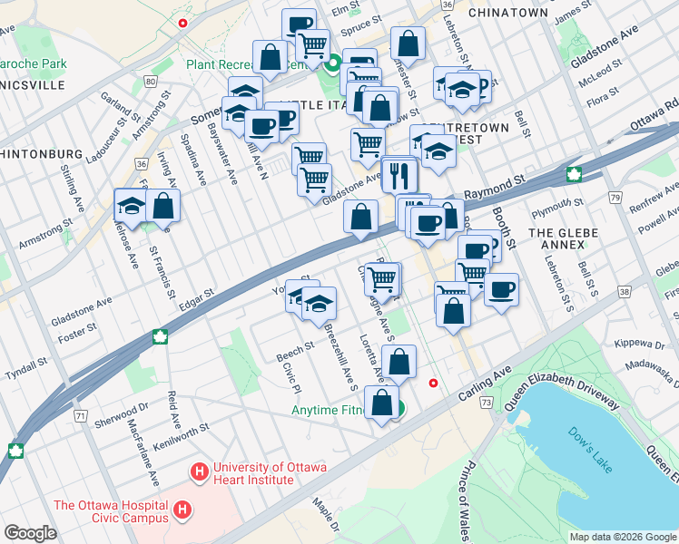 map of restaurants, bars, coffee shops, grocery stores, and more near 203 Loretta Avenue South in Ottawa
