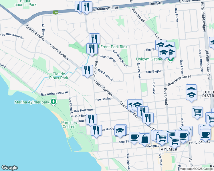 map of restaurants, bars, coffee shops, grocery stores, and more near 90 Chemin Eardley in Gatineau